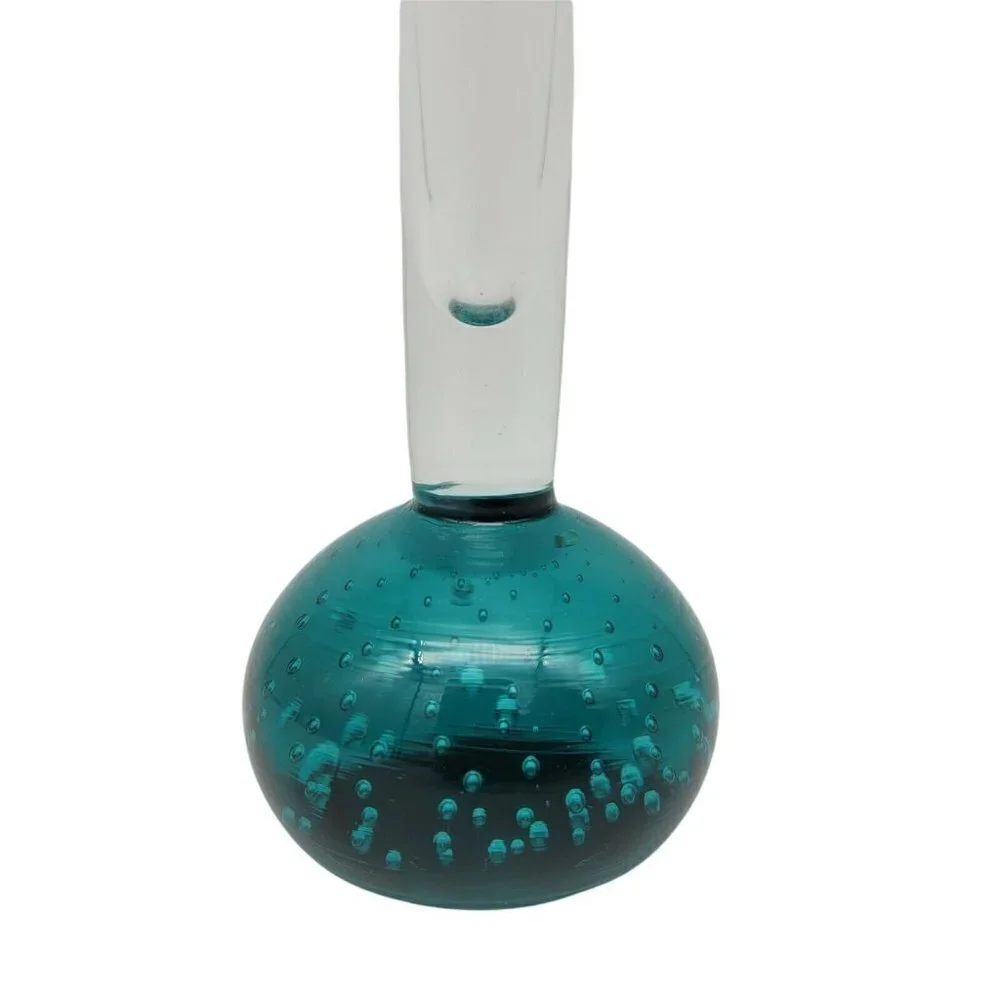 Vintage Teal Bubble Base Blown Glass Vase Narrow Mid Century Modern Smooth 8